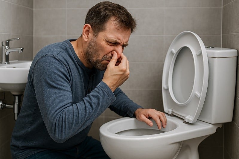 man smelling sewer gas near toilet