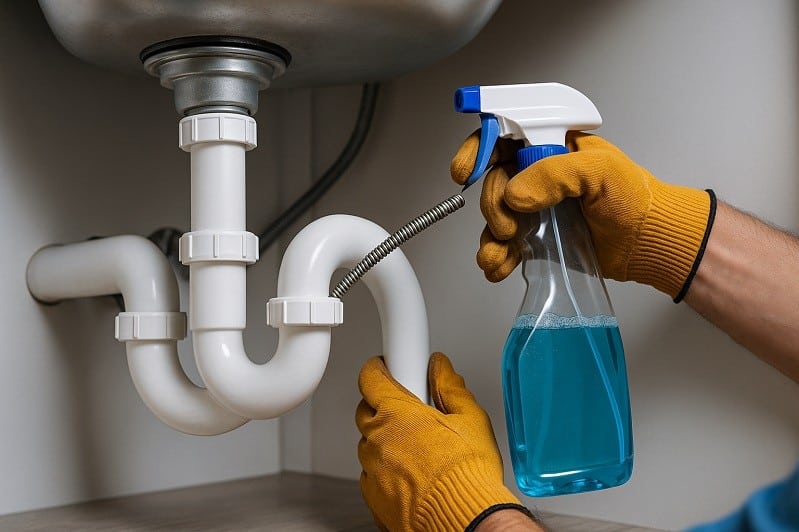 Plumber cleaning kitchen drain pipes