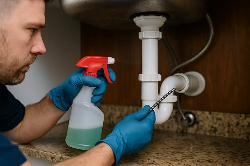 Professional plumber cleaning drain pipes