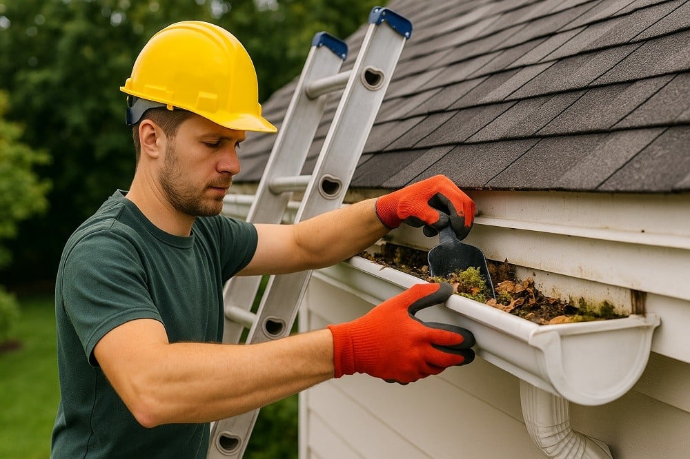 Man cleaning roof gutter