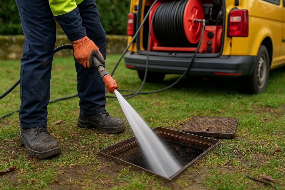 Worker using jetting hose