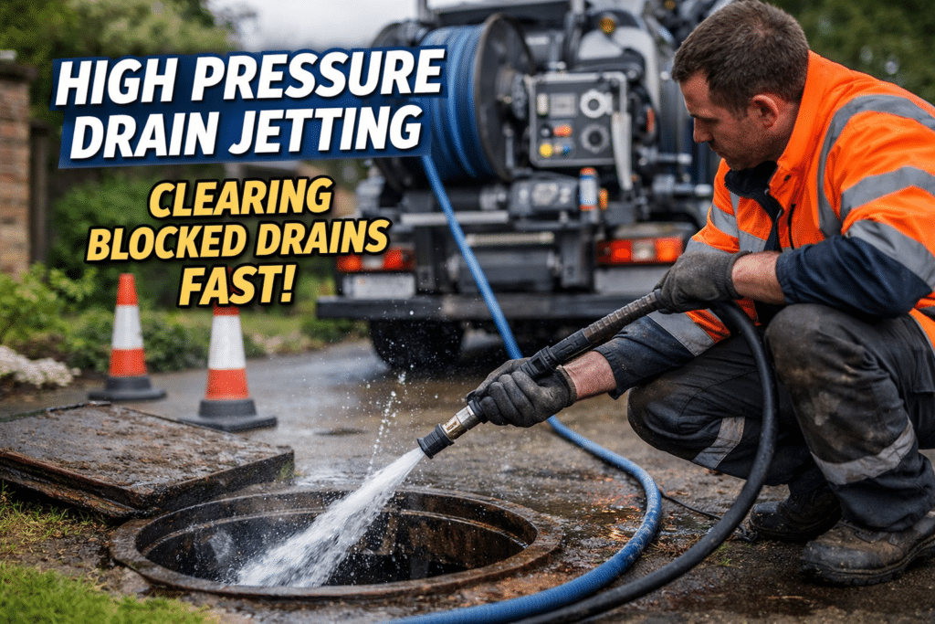 high pressure drain jetting in action