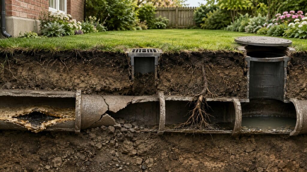 Cracked drain pipe with roots