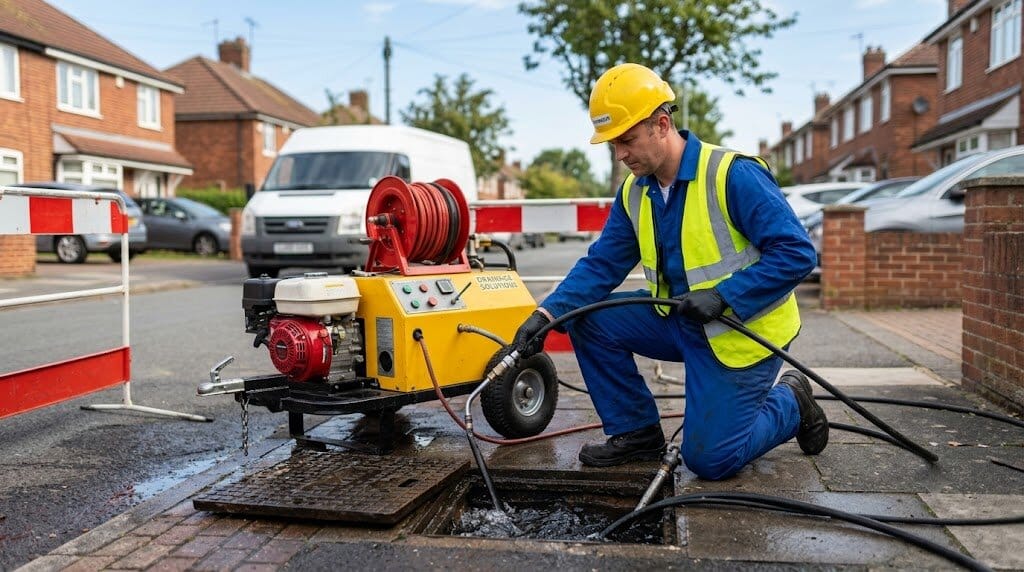 Drain Engineer Inspects Blocked Drains